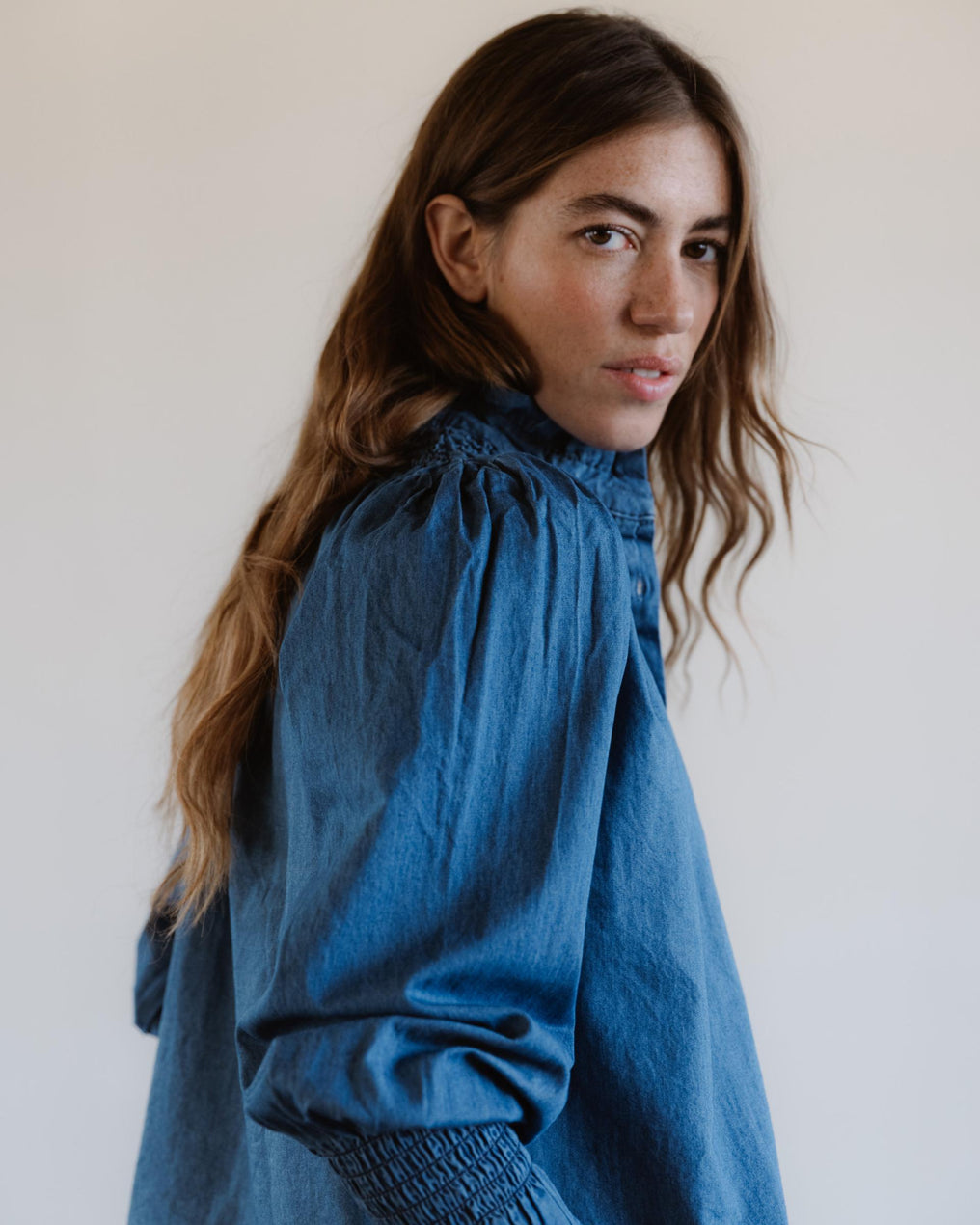 Blouse Col Montant Type Denim Bleu Jean