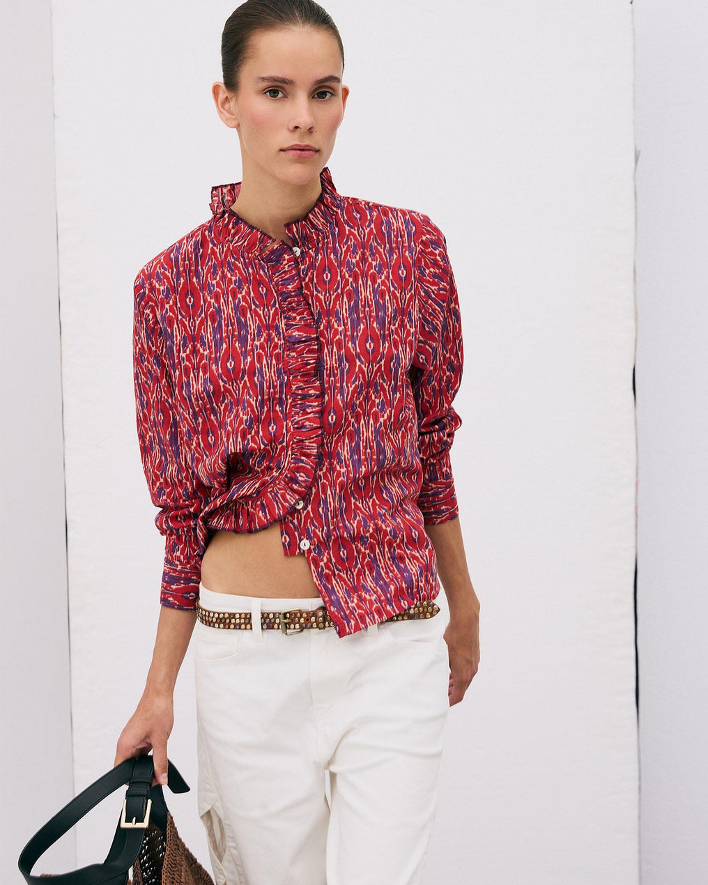 Blusa Folhos Picô Estampado Étnico Vermelha