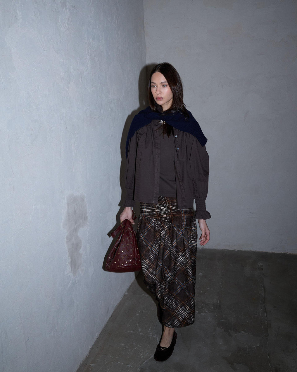 Falda Canesú Asimétrico Cuadros Marrón