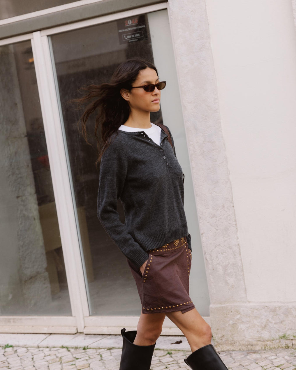 Brown Canvas Studded Mini Skirt