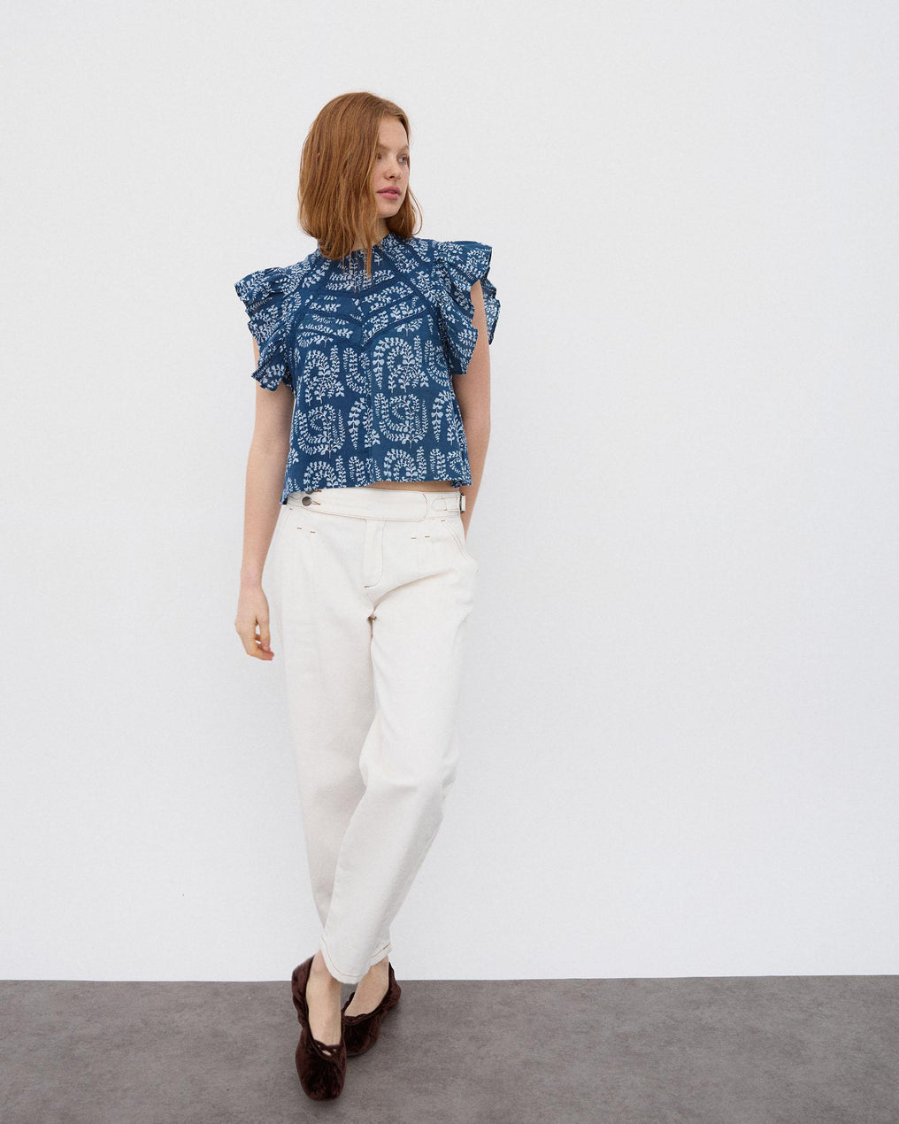 Blusa Manga Corta Volantes Puntillas Estampada Azul Oscuro