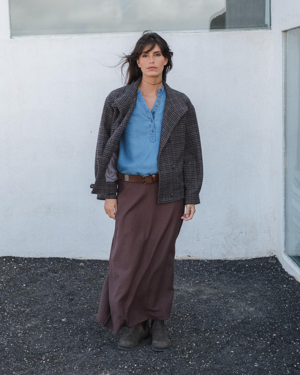 Casaco xadrez trespassado de lã cáqui