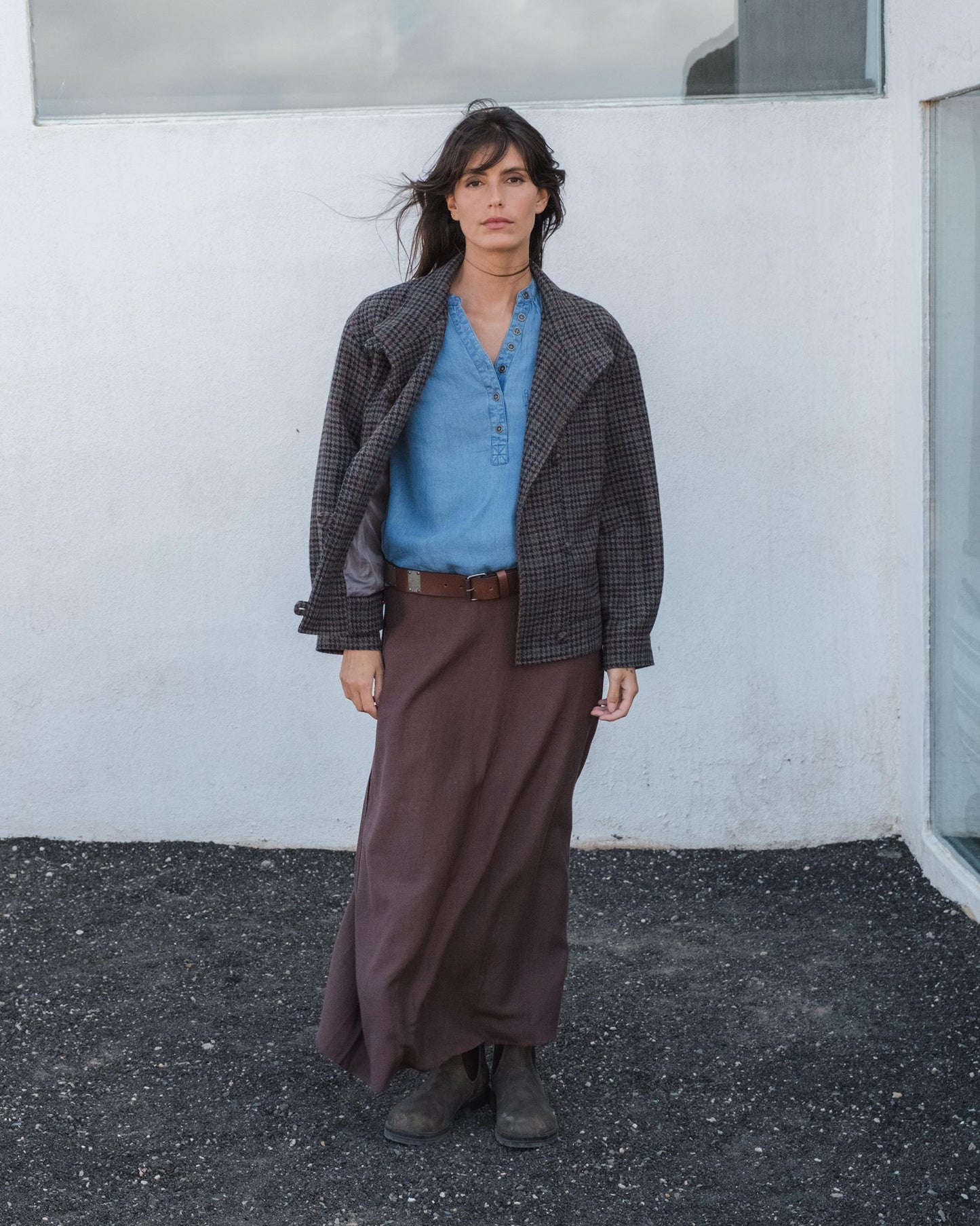 Casaco xadrez trespassado de lã cáqui