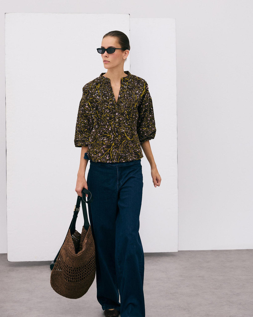 Blusa Botones Delanteros Estampada Marrón
