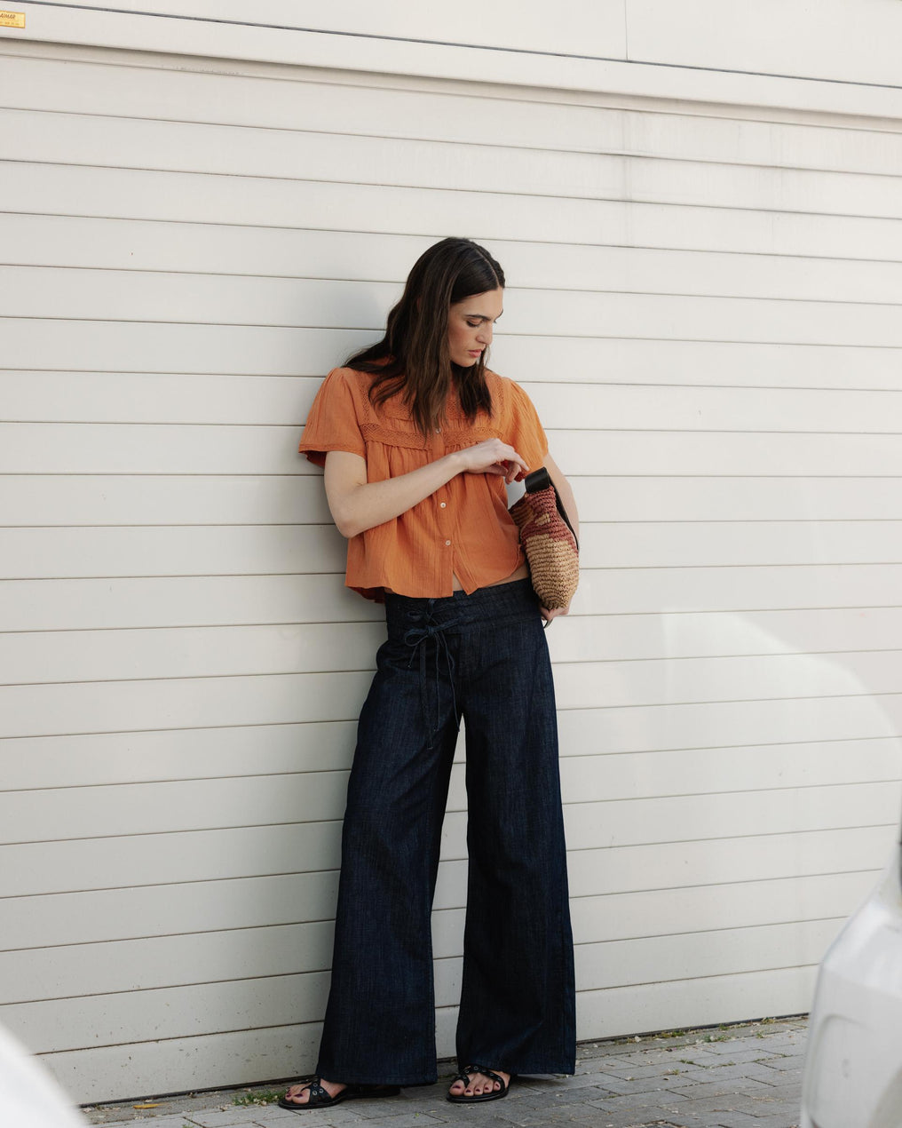 Blusa Puntillas Delanteras Botones Naranja