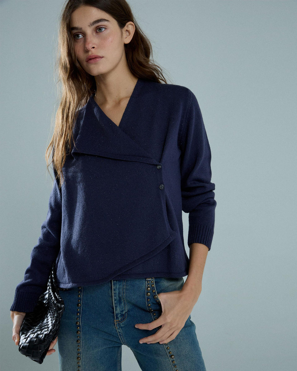 Jersey Botones Laterales Cuello Pico Azul Oscuro
