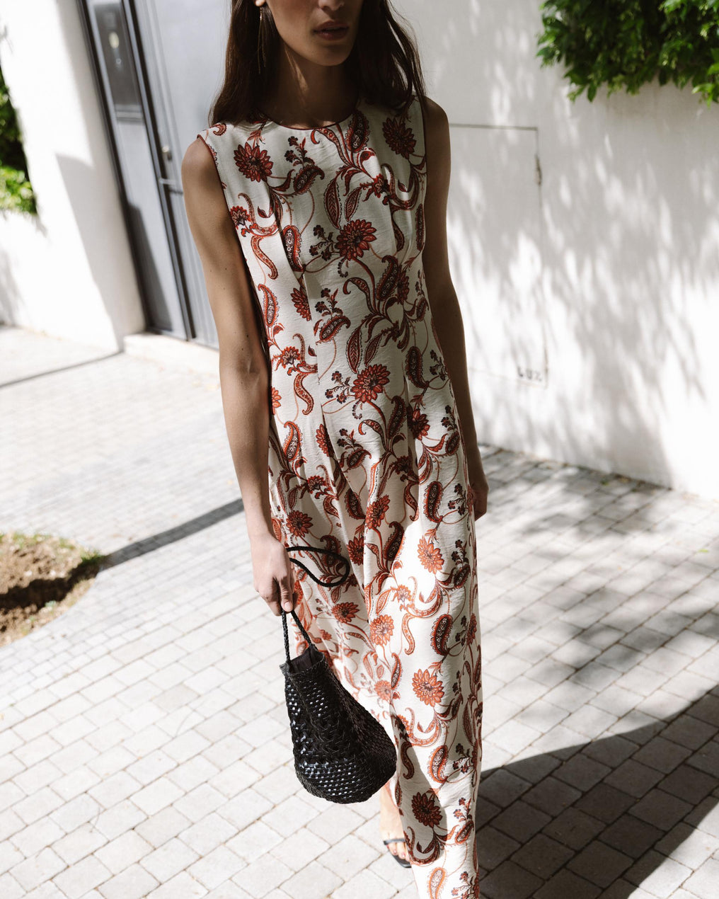 Robe sans Manches Imprimé Floral Écru