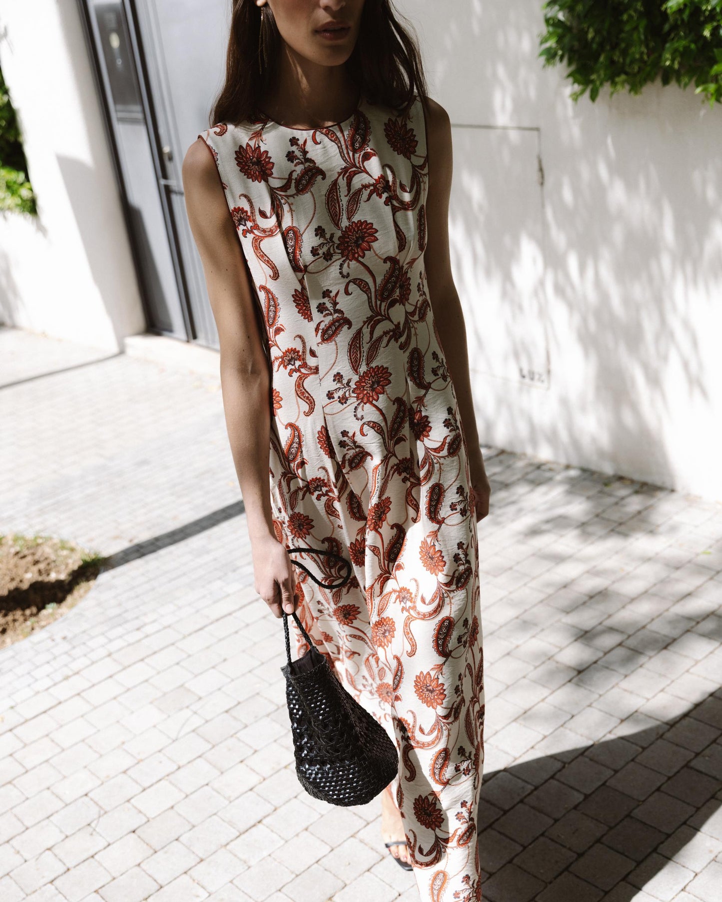 Robe sans Manches Imprimé Floral Écru