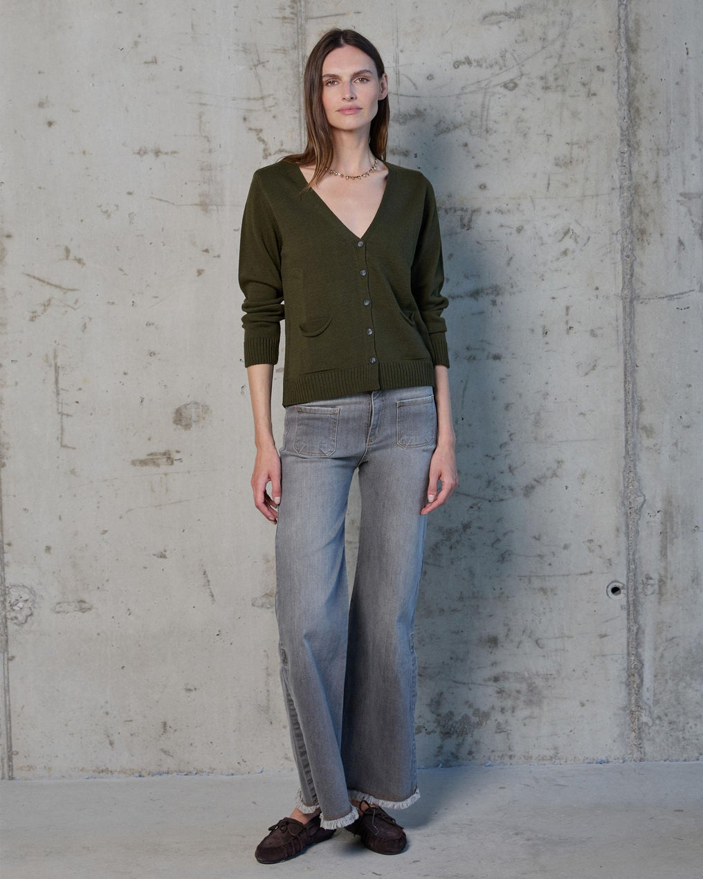 Military Green V-Neck Jacket with Pockets