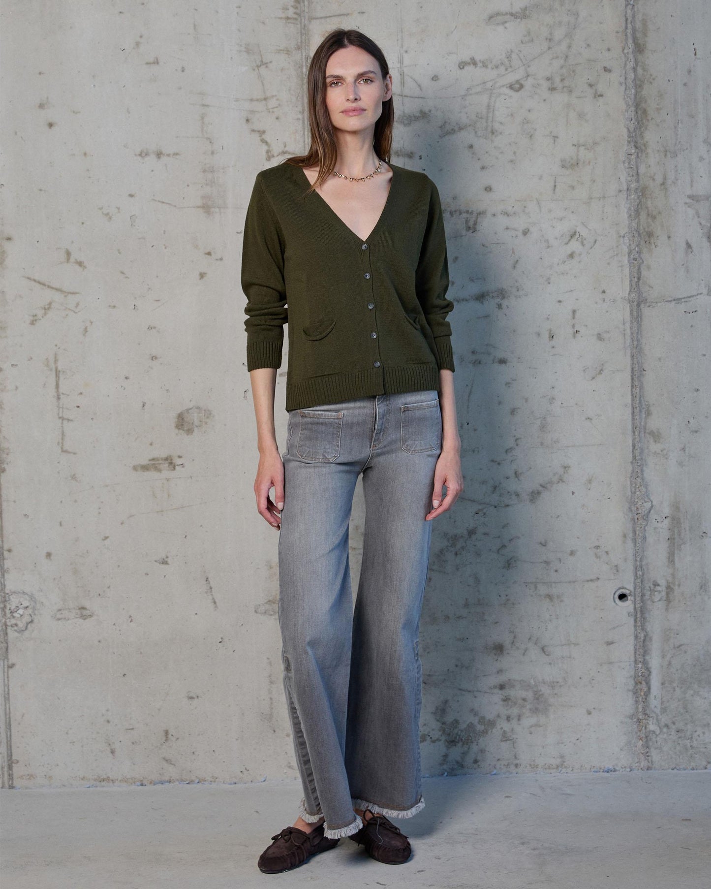 Military Green V-Neck Jacket with Pockets