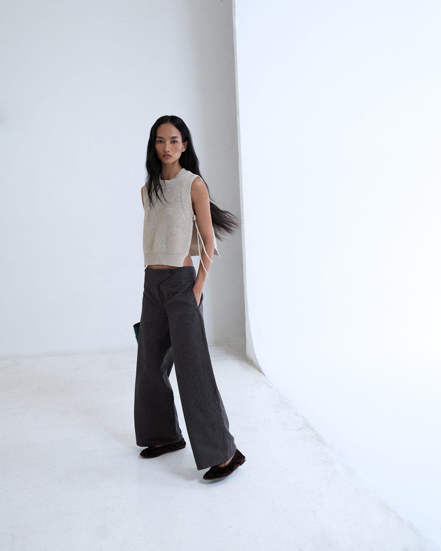 Pantalón Rayas Cinturilla Cruzada Marrón