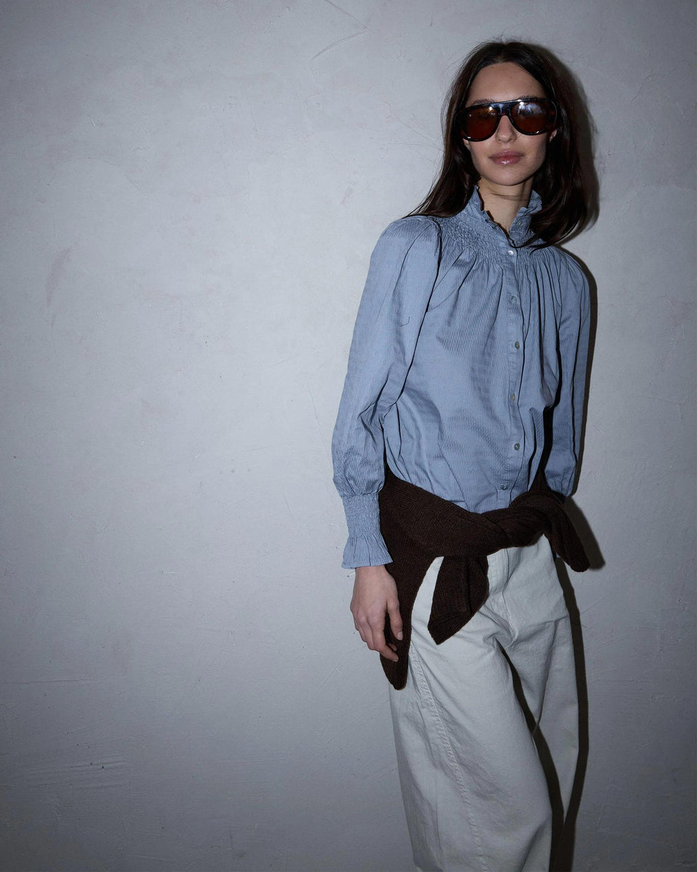 Honeycomb Blouse with Light Blue Collar