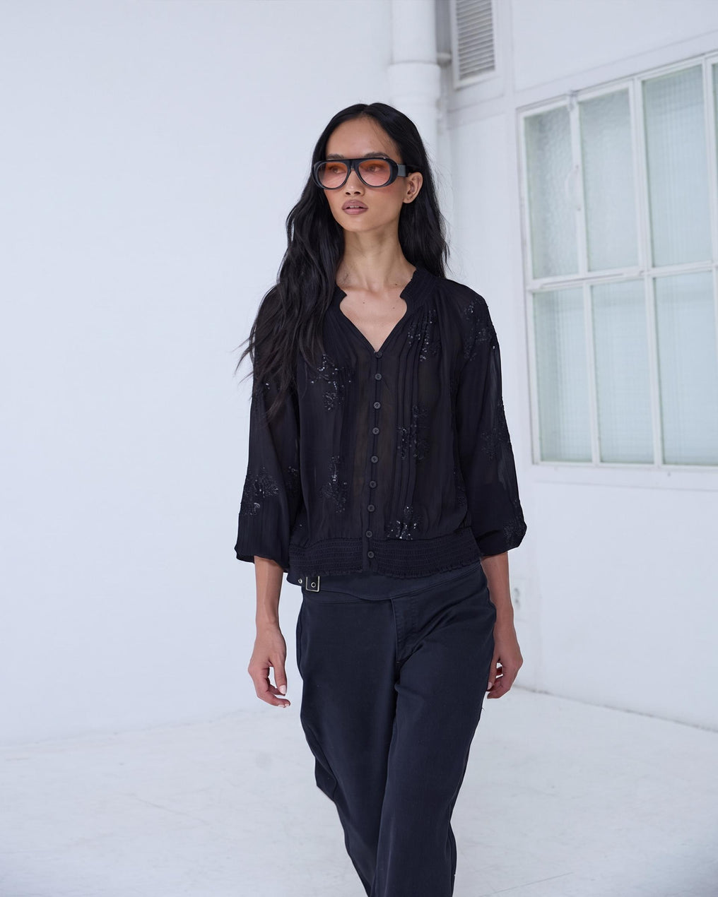 Black Sequin Blouse with Elasticated Hem