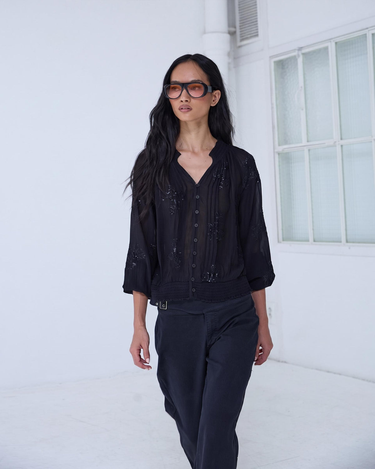 Black Sequin Blouse with Elasticated Hem