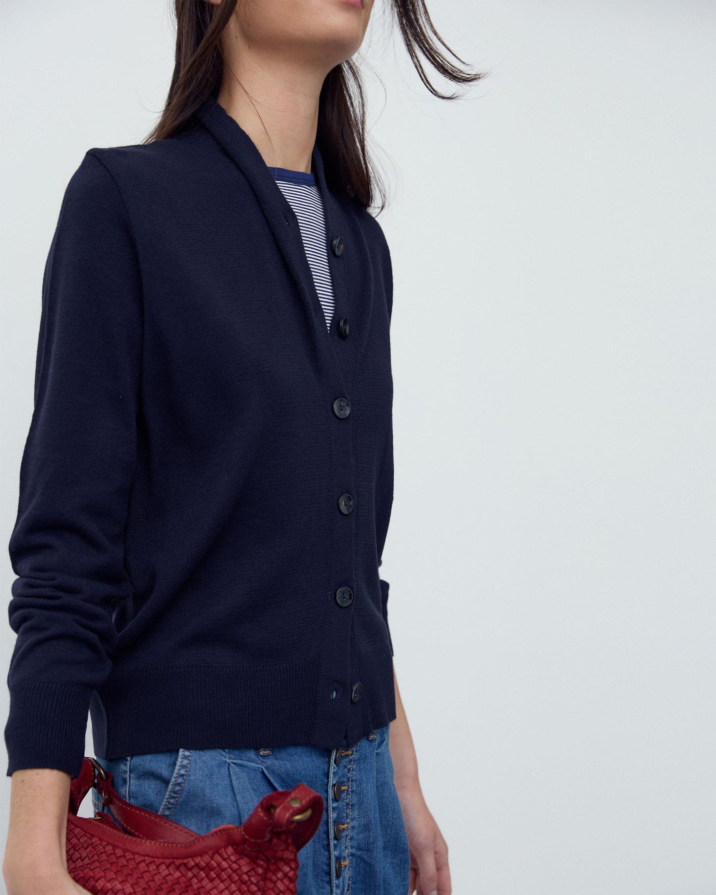 Chaqueta Punto Cuello Subido Pico Azul Marino