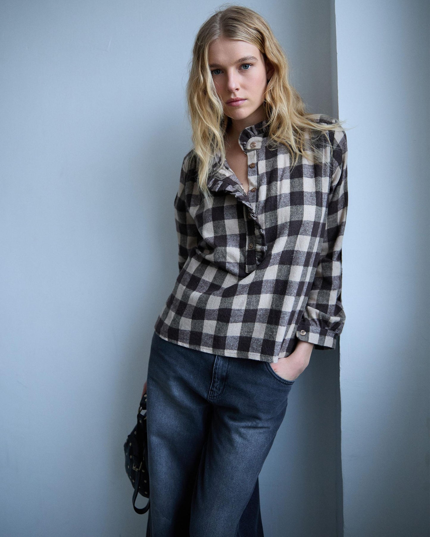 Brown Gingham Blouse with Ruffle