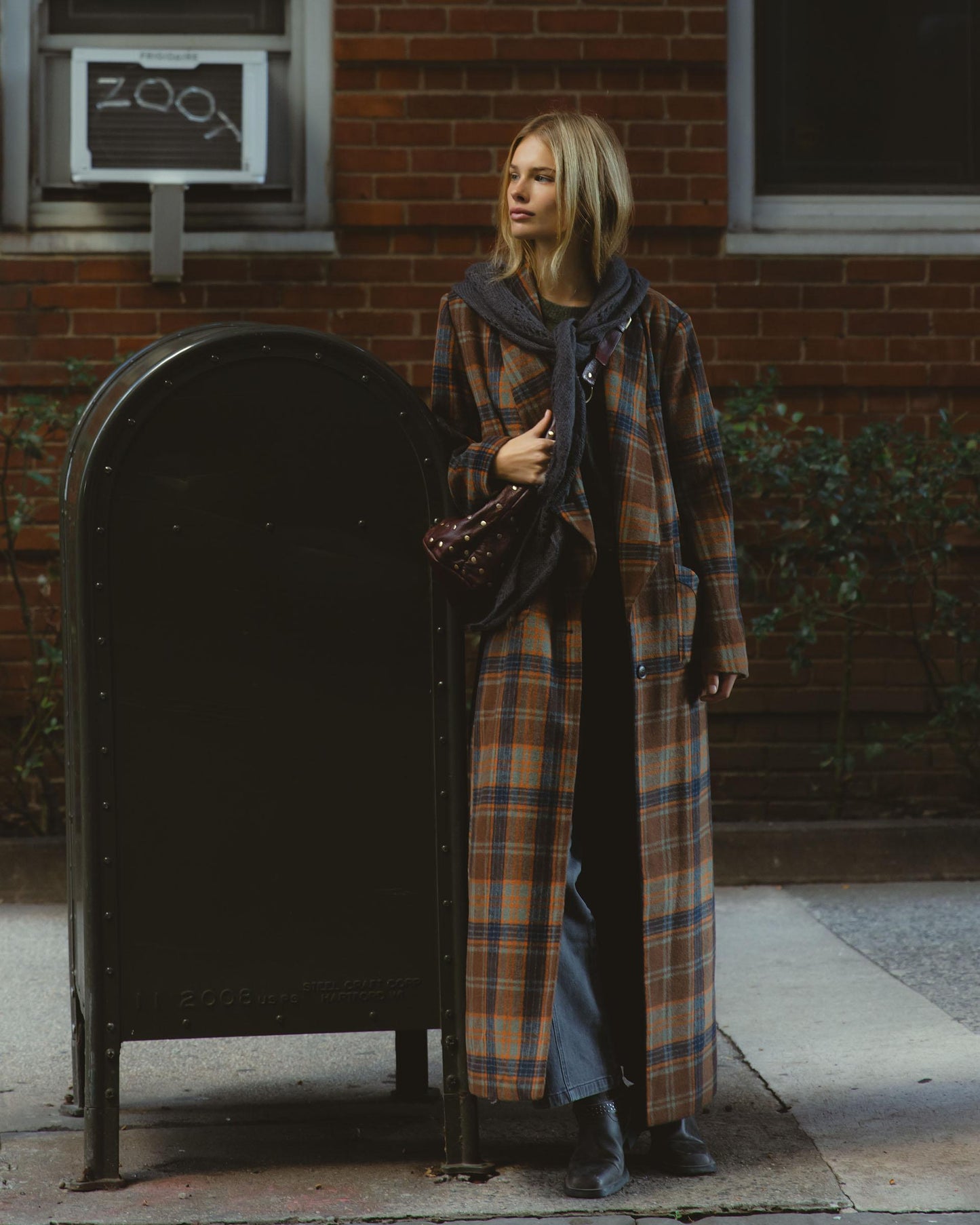 Long Coat with Lapel, Checkered Beige