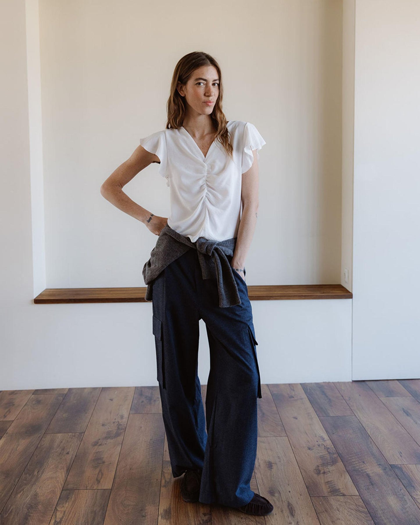 White Gathered Short Sleeve Blouse