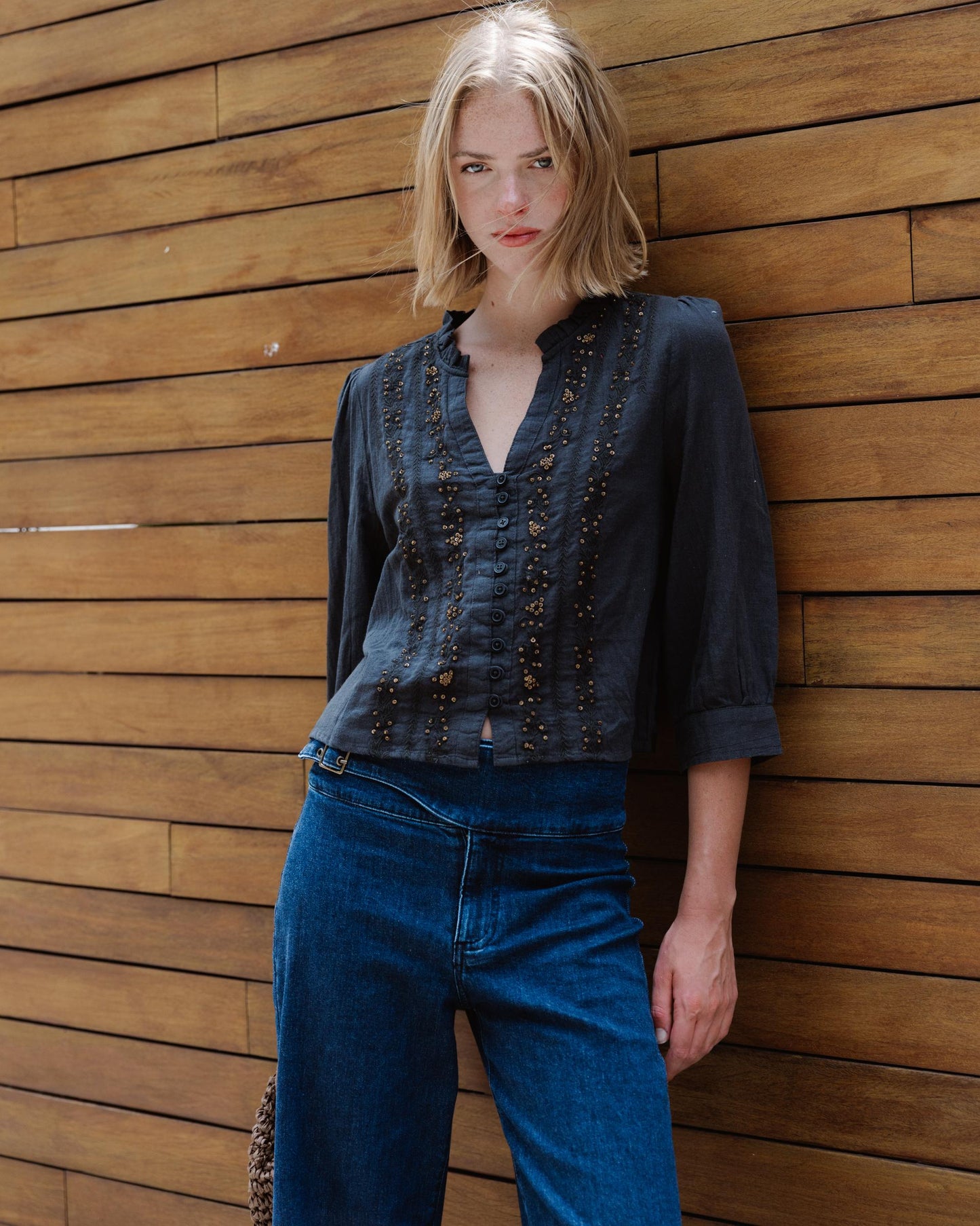 Blusa Manga Francesa Lentejuelas Antracita
