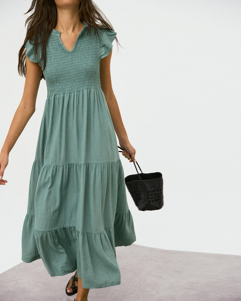 Vestido Largo Lino Nido De Abeja Verde Agua
