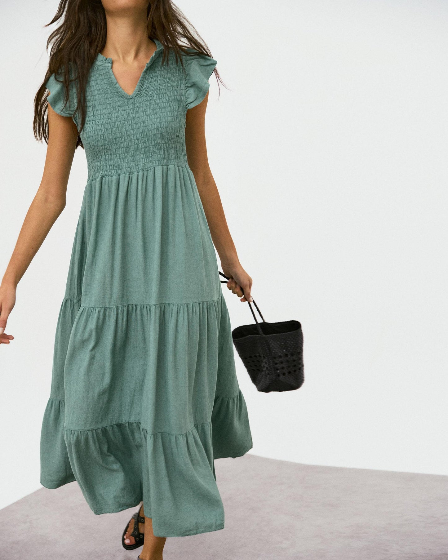 Vestido Largo Lino Nido De Abeja Verde Agua