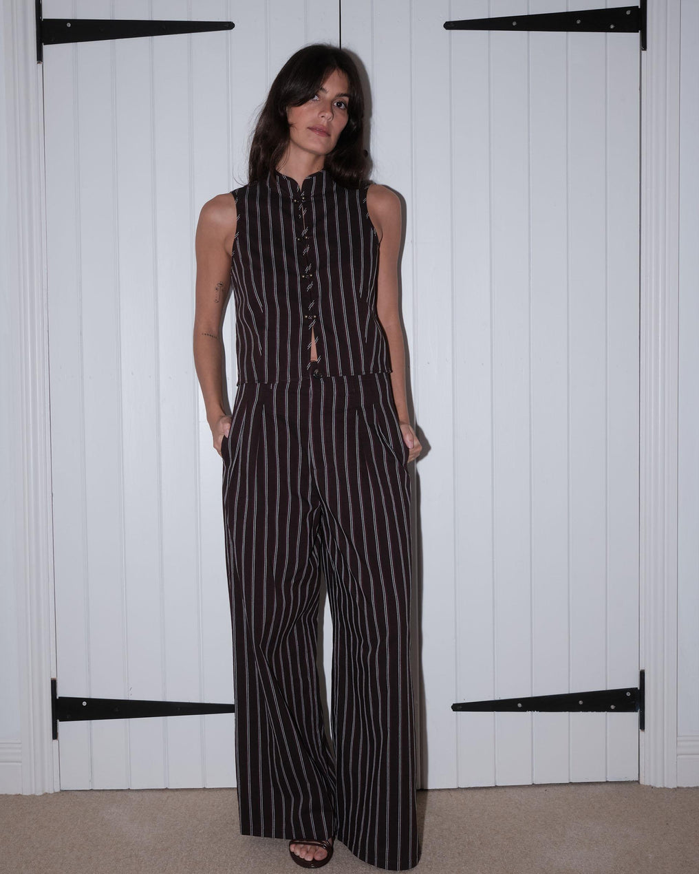 Brown Striped Mao Collar Top