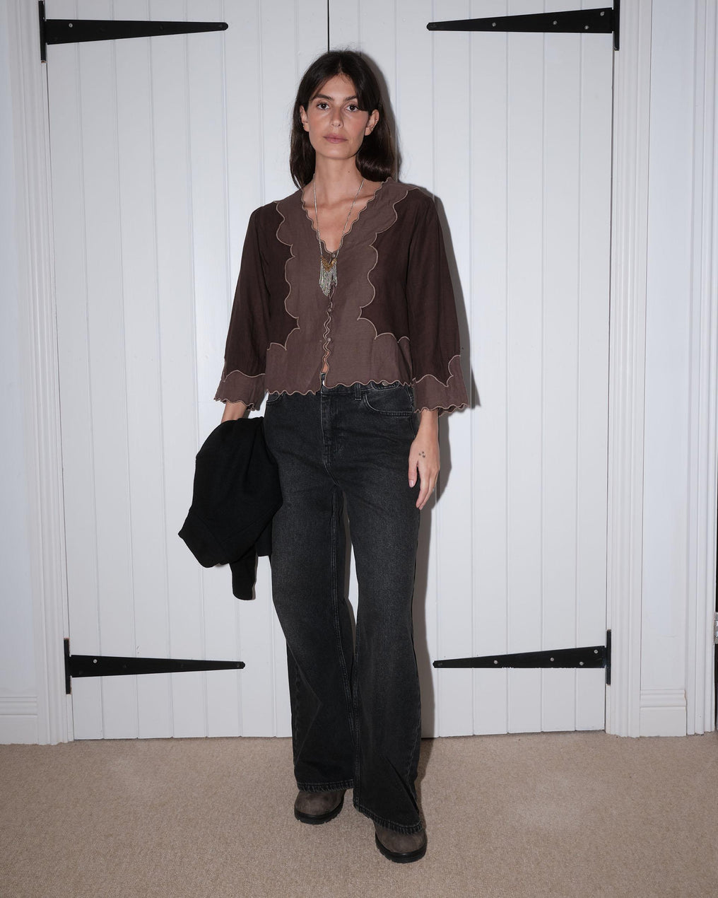 French Sleeve Blouse with Contrast Brown