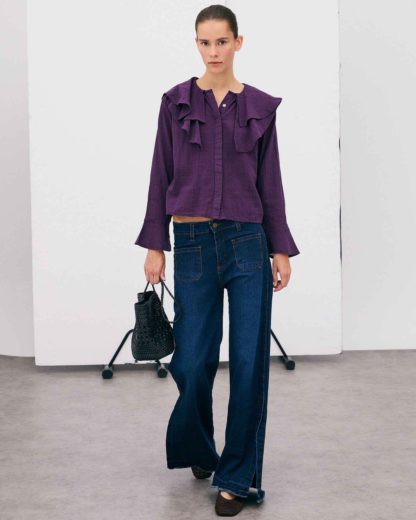 Purple Asymmetrical Ruffle Blouse