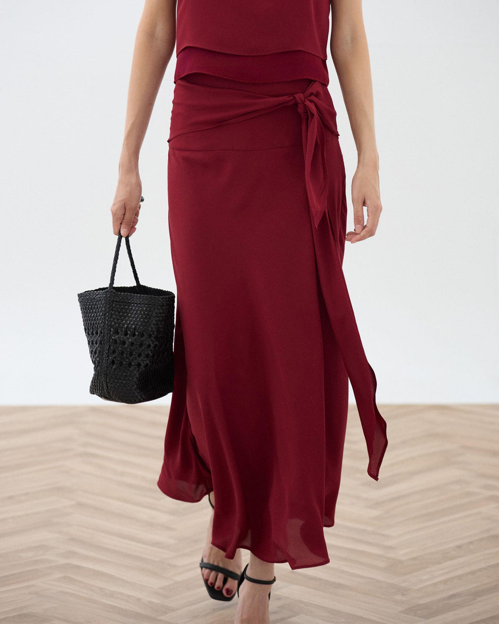 Burgundy Tie-Front Maxi Skirt