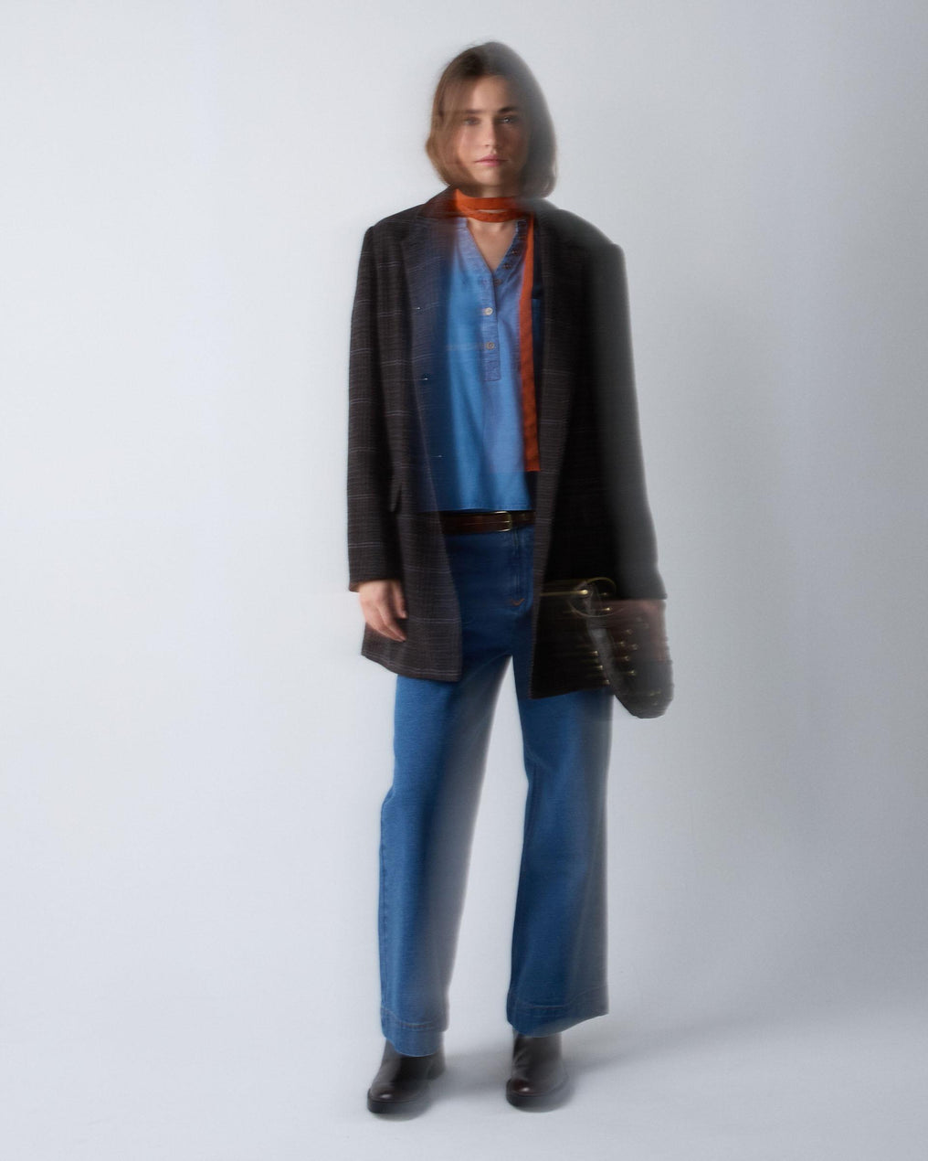 Abrigo Cuadros Solapa Mezcla Lana Marrón