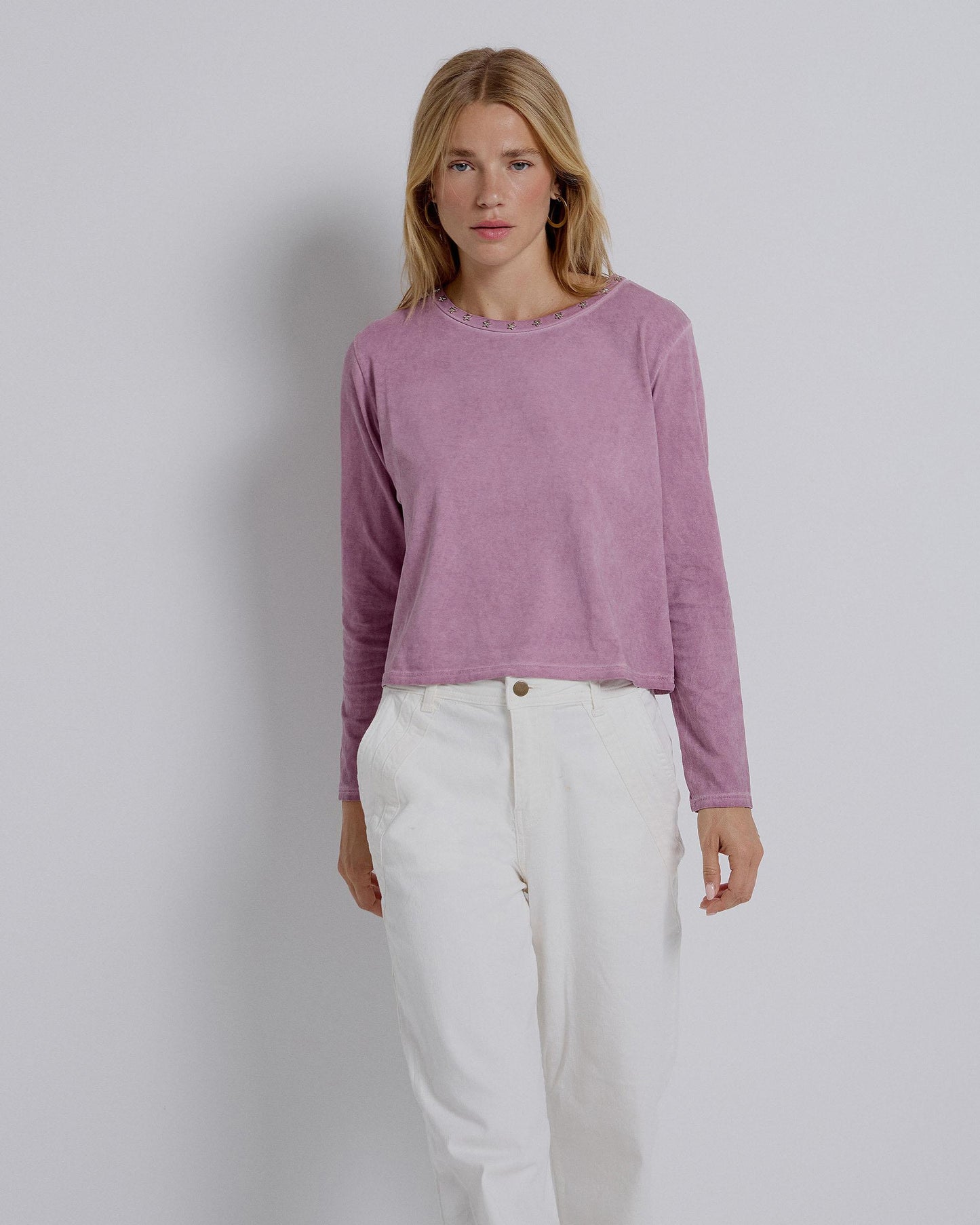 Long Sleeve T-Shirt with Studs and Stars and Pink Neck