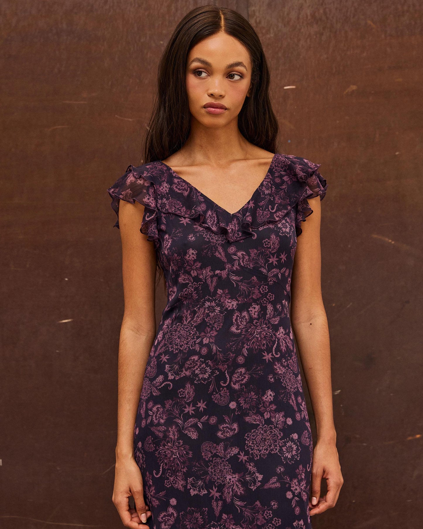 Vestido Estampado Floral Volantes Morado