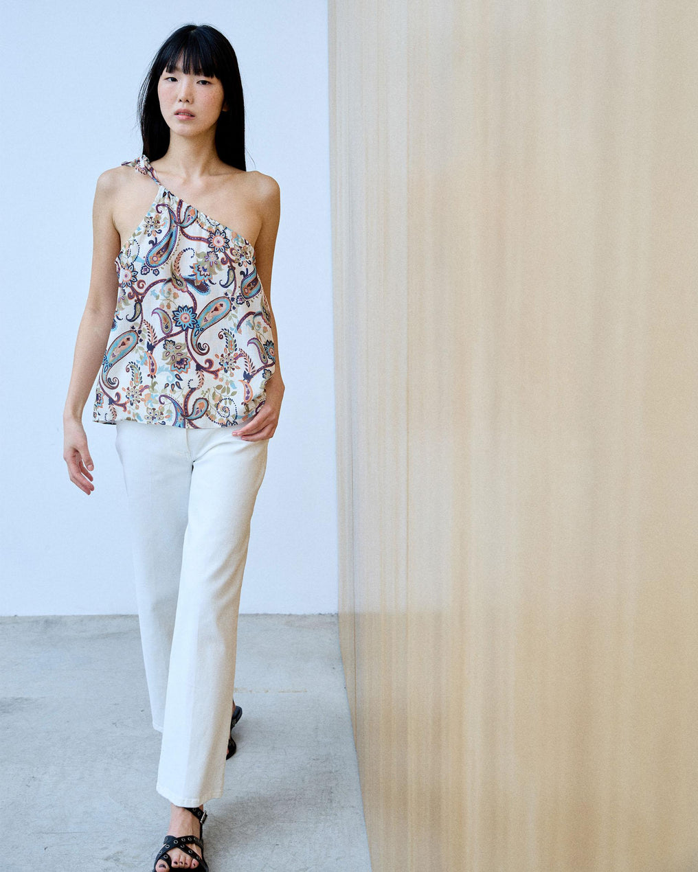 Top Asymétrique Lacet Imprimé Multicolore