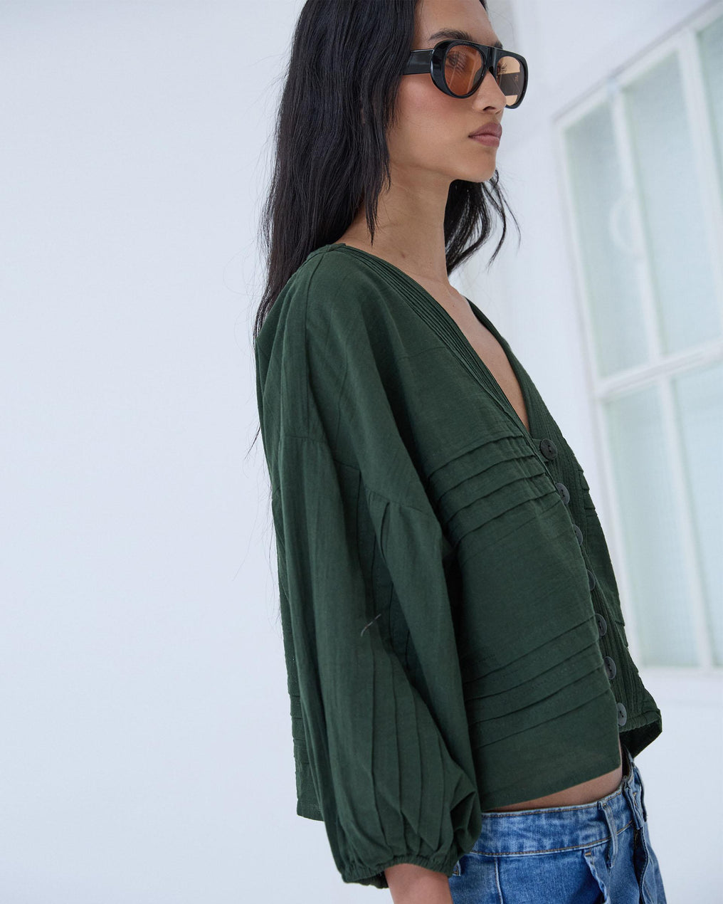 Blusa Pliegues Verde Oscuro
