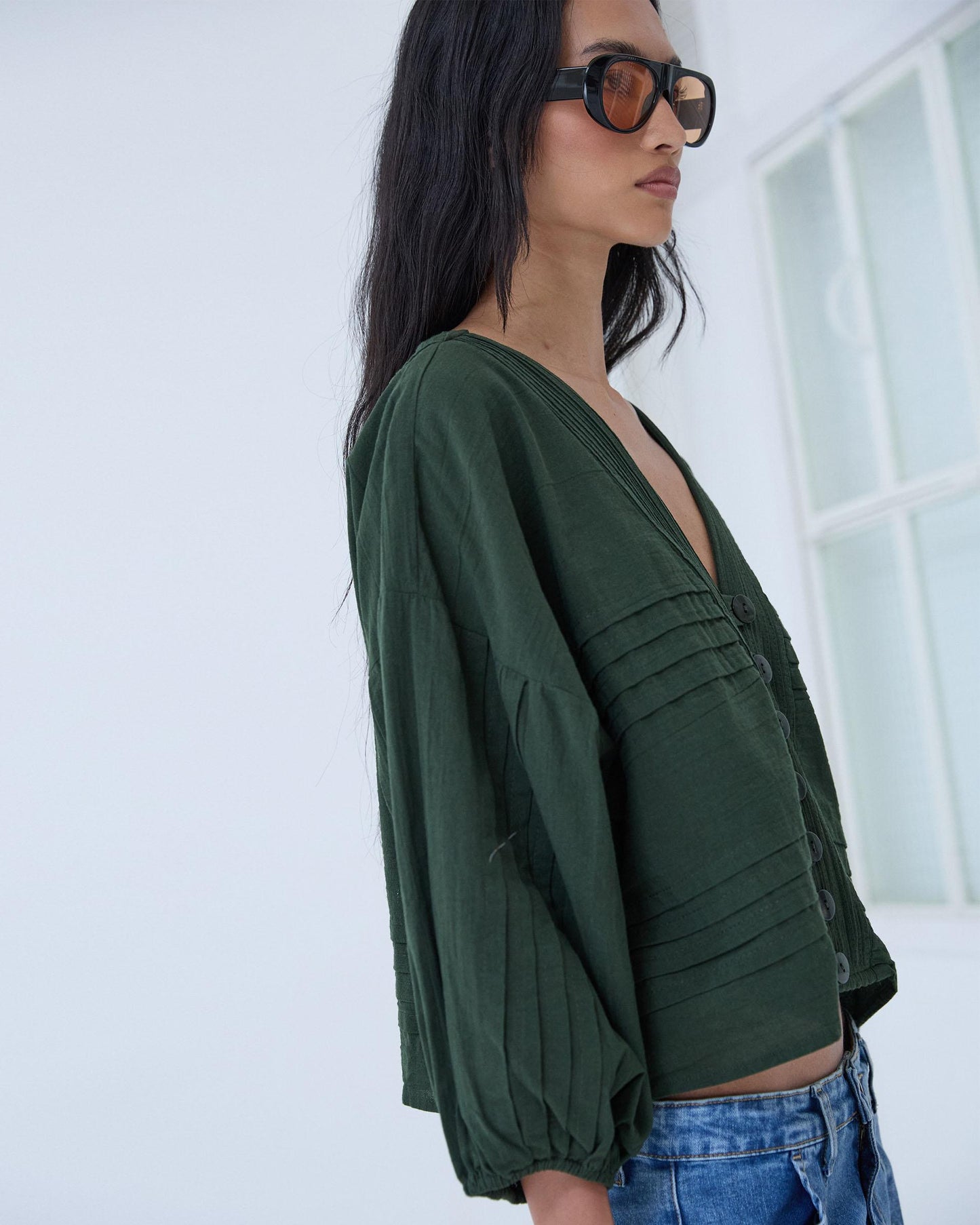 Blusa Pliegues Verde Oscuro