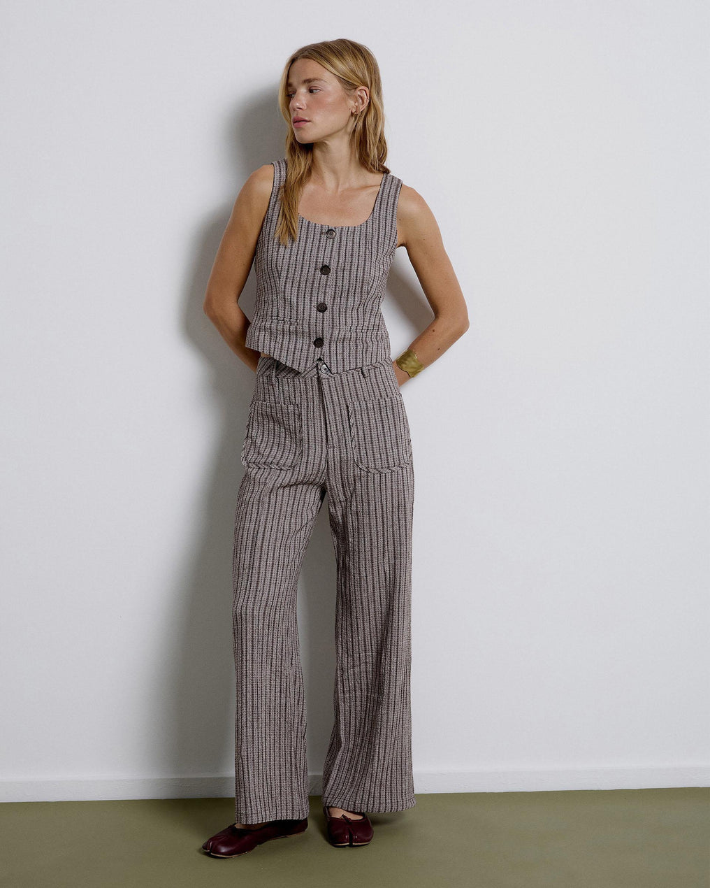 Striped Pants with Brown Patch Pockets