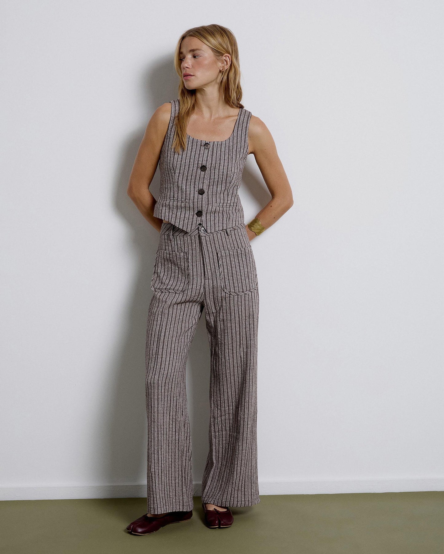 Striped Pants with Brown Patch Pockets