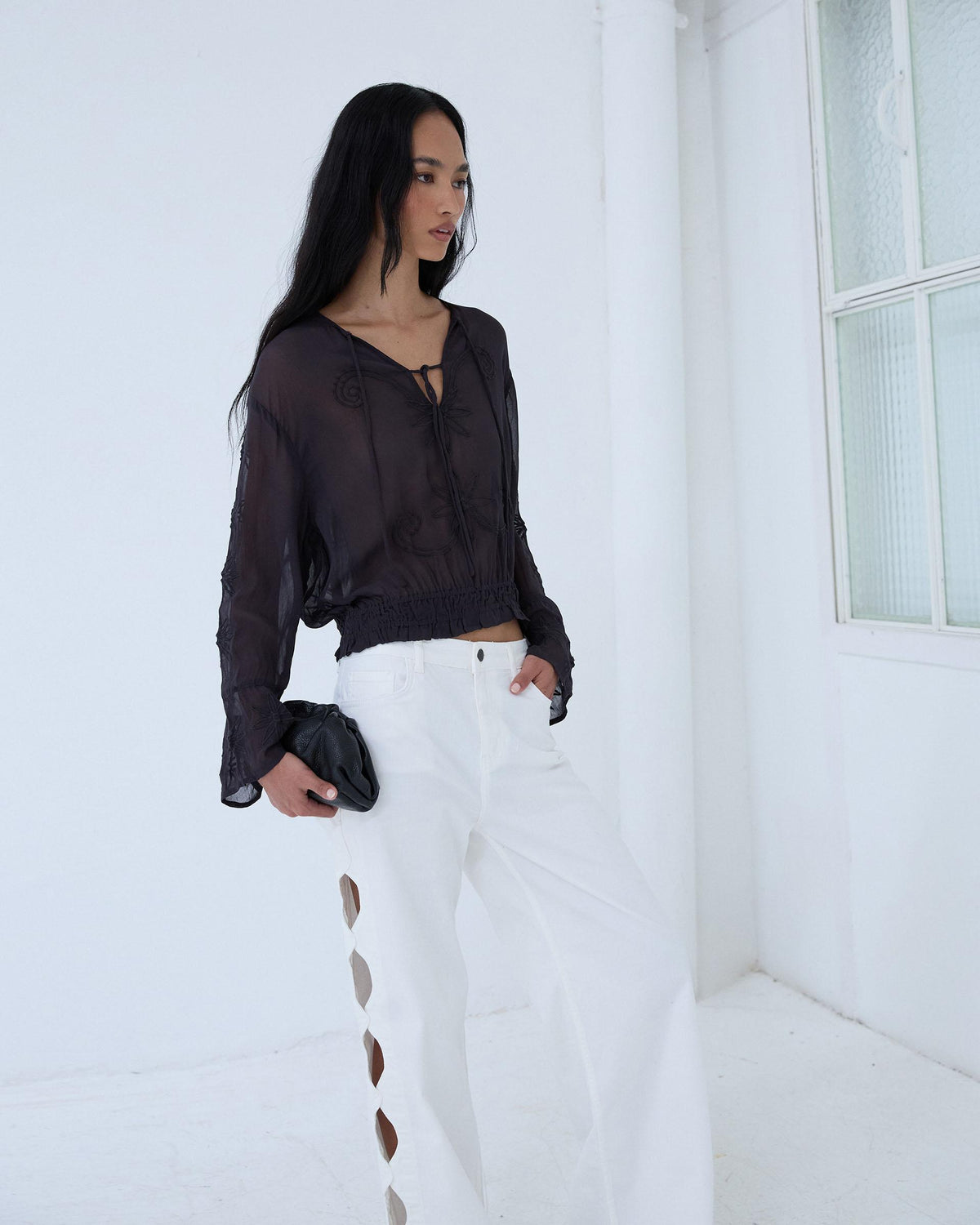 Anthracite Embroidered Blouse with Elasticated Hem