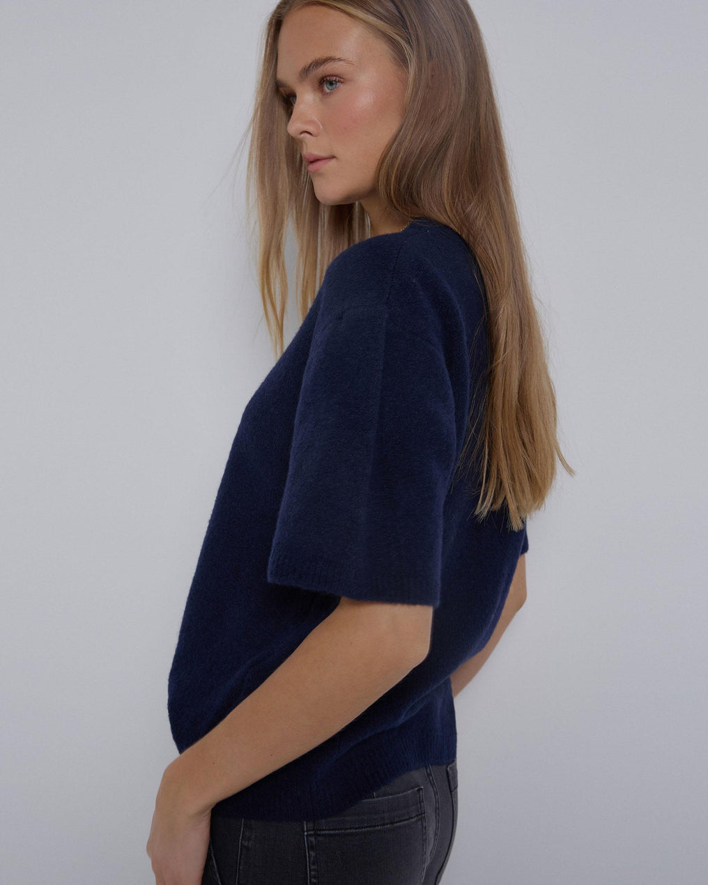 Camisola de malha de manga curta azul-marinho