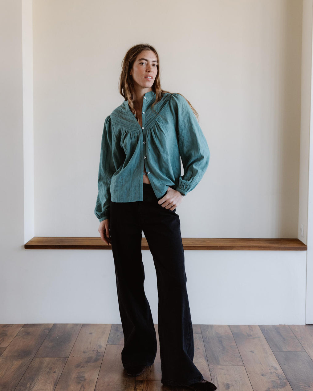 Blusa Tejido Rayas Puntillas Verde Agua