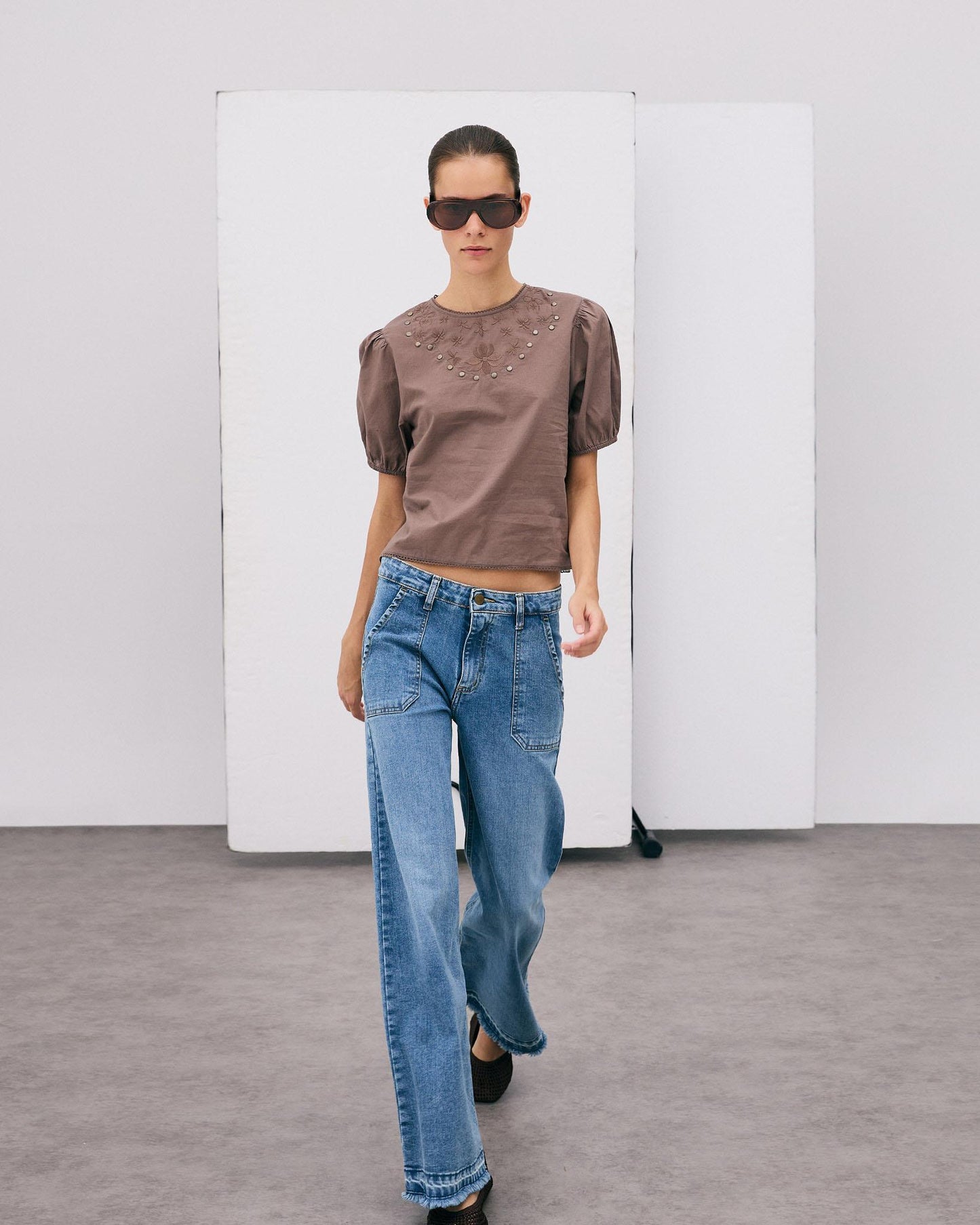 Embroidered Studded Brown Blouse