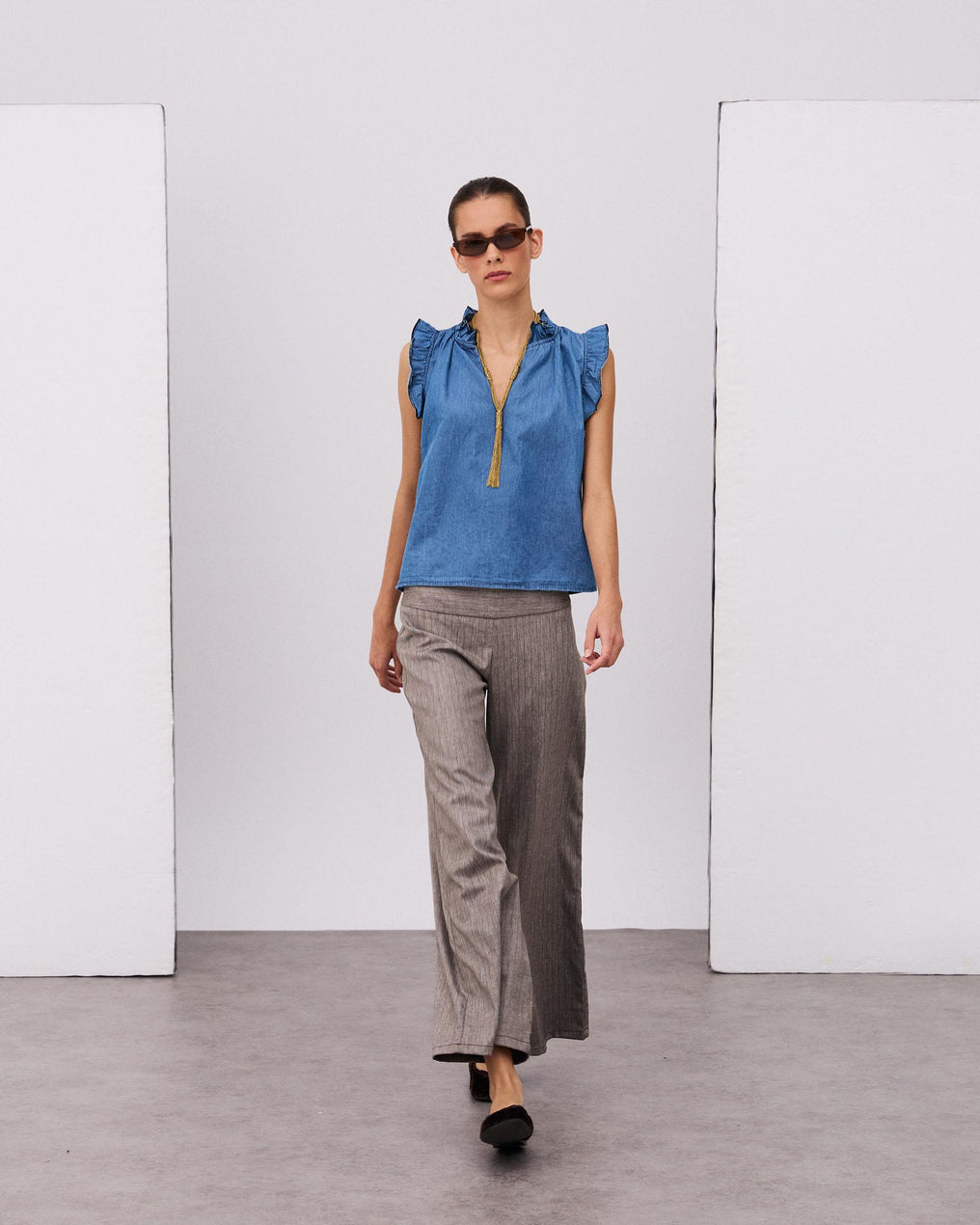 Blusa Sin Mangas Volantes Escote V Tipo Denim Azul Jeans