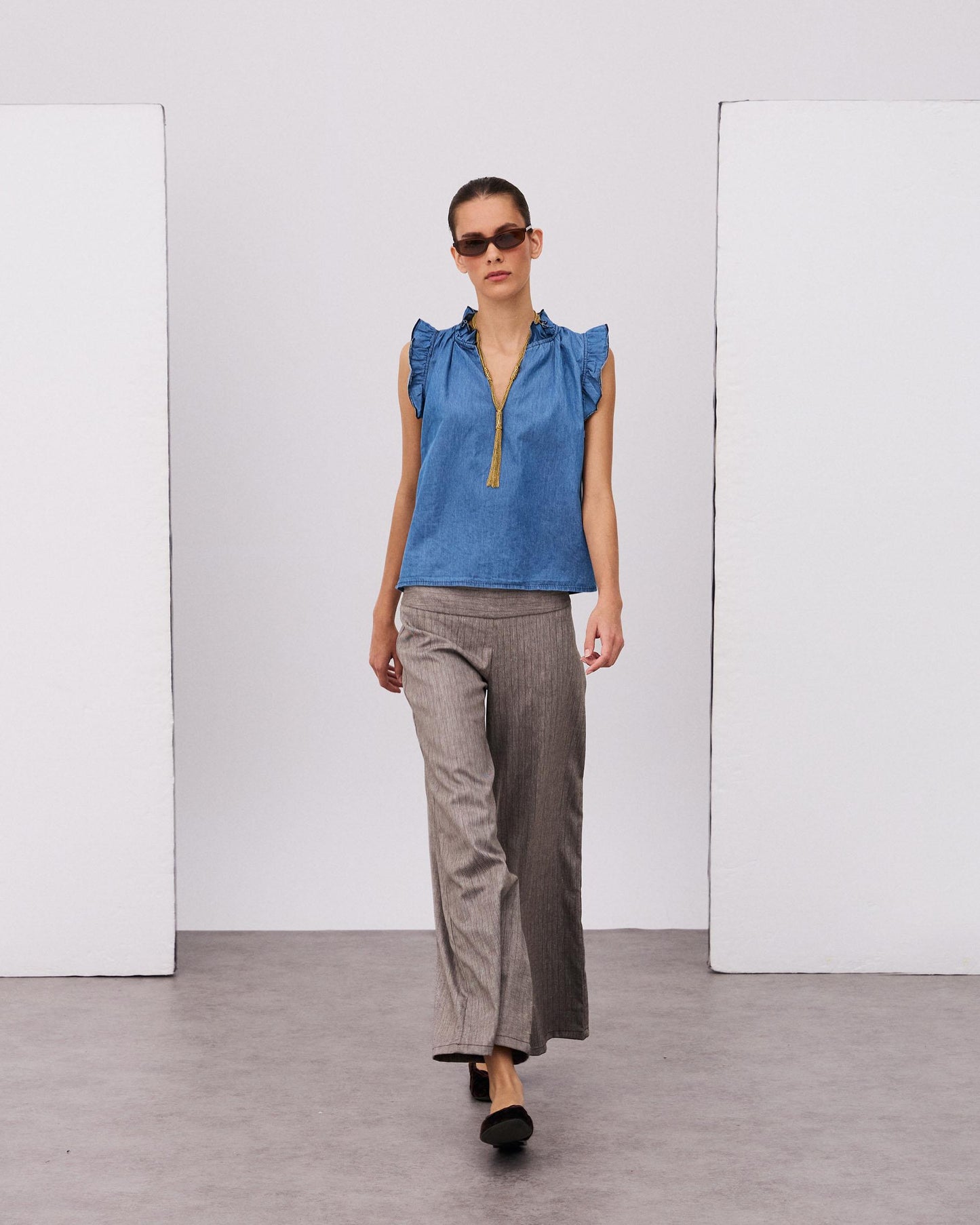 Blusa Sin Mangas Volantes Escote V Tipo Denim Azul Jeans