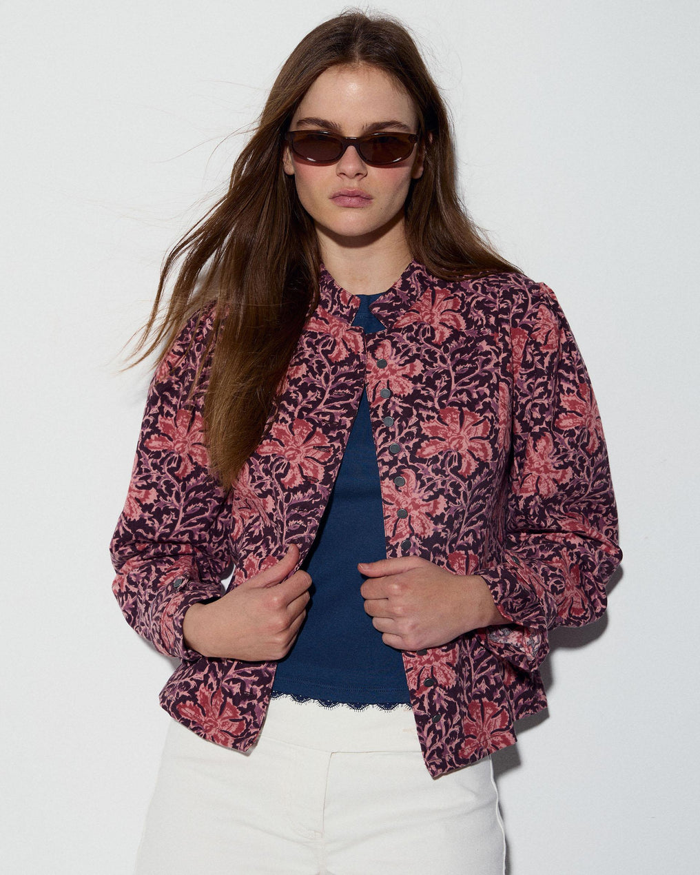 Chaqueta Botones Estampado Floral Rosa