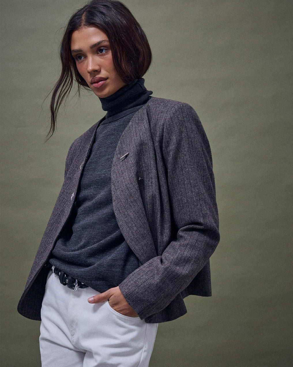 Chaqueta Botones Anillas Mezcla Lana Taupe
