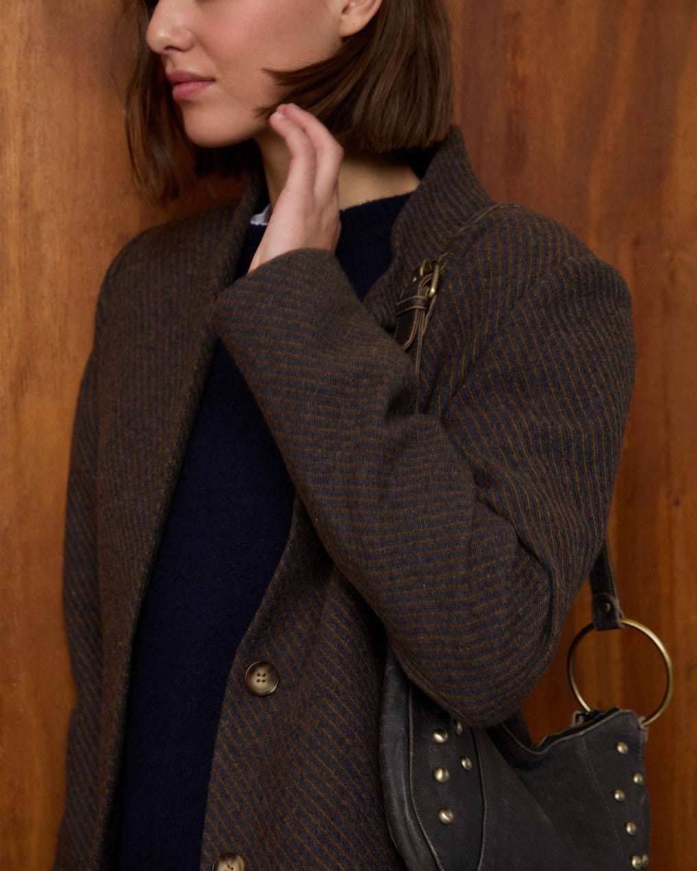 Chaqueta Cuello Subido Rayas Mezcla Lana Marrón