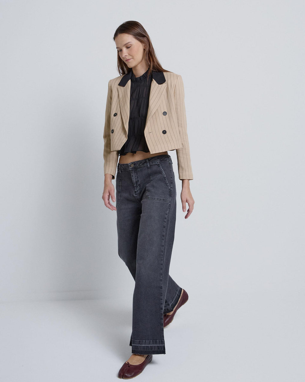 Blazer Corta Rayas Solapas Camel