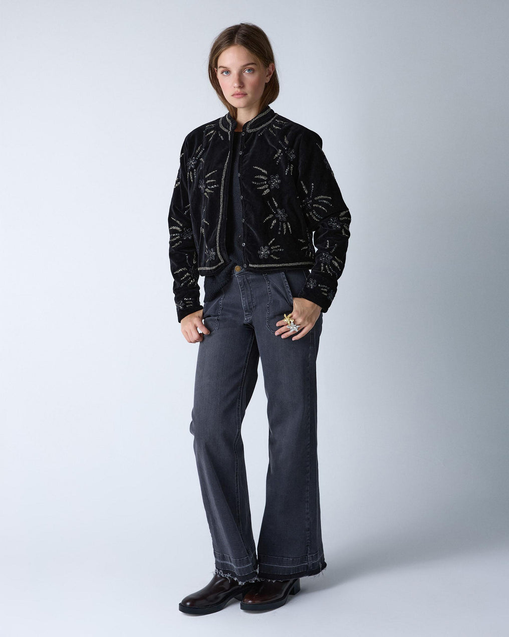 Black Beaded Velvet Bomber