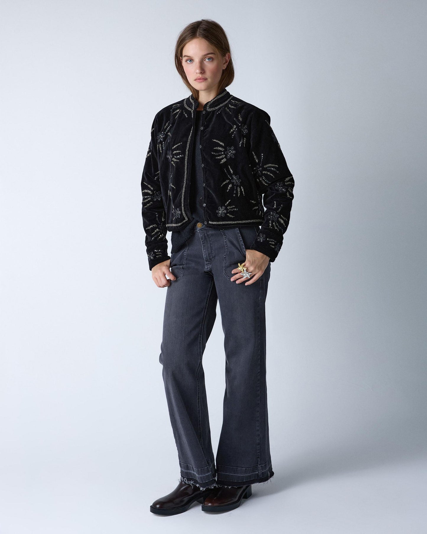 Black Beaded Velvet Bomber