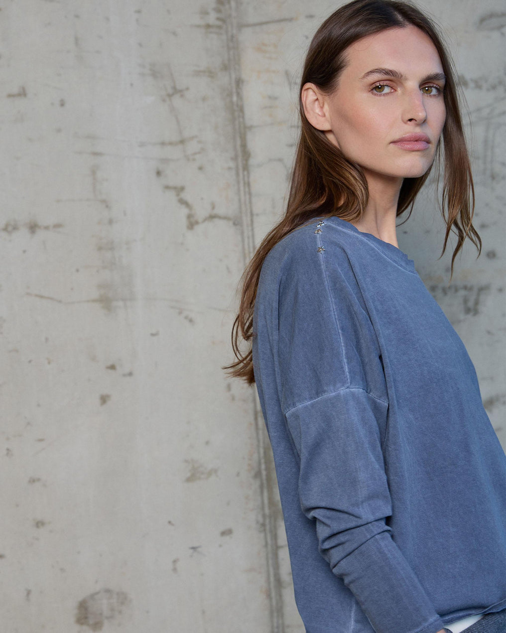 Dark Blue Star Studded Shoulder T-Shirt